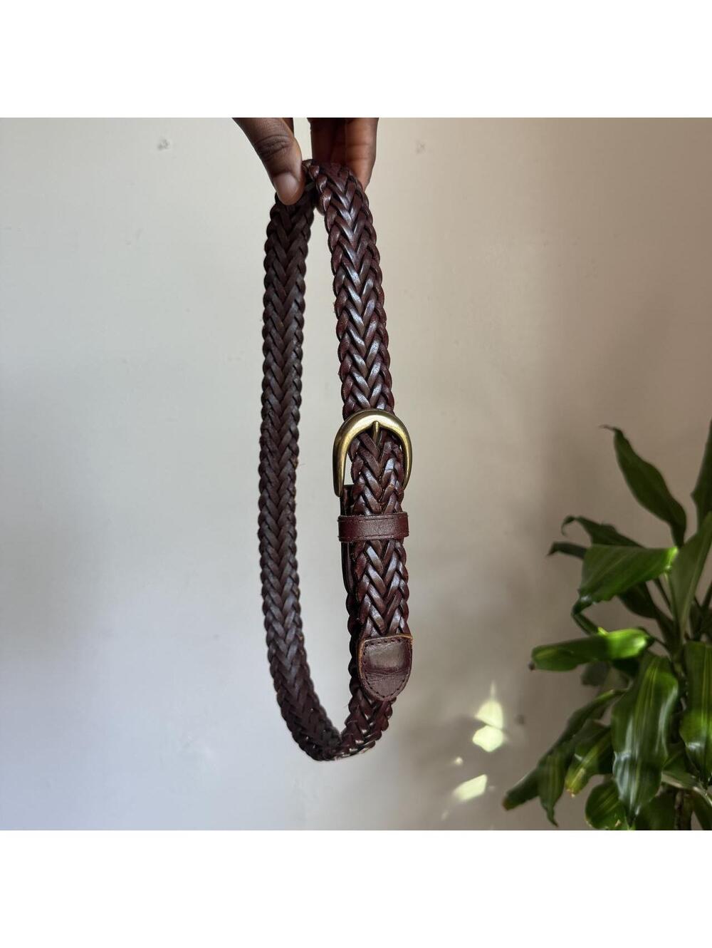 90s Brown braided genuine leather belt with brass buckle